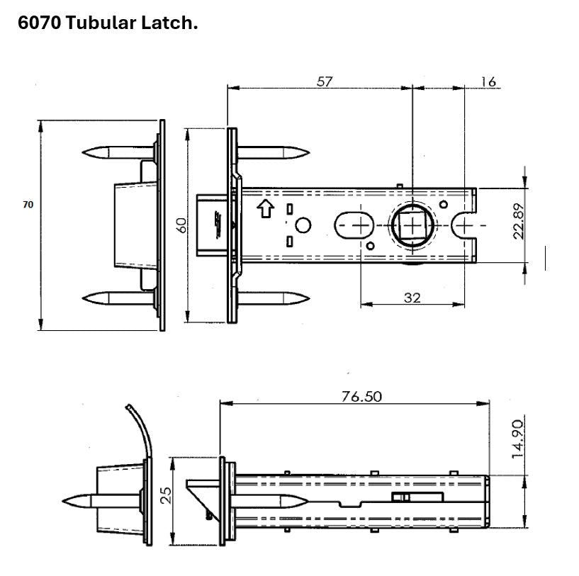 6070 Tubular Latch 57mm Heavy Duty SS with D Strike - Mardeco Architectural Hardware