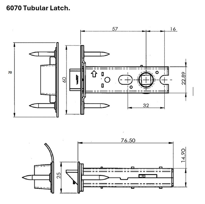 6070 Tubular Latch 57mm Heavy Duty SS with D Strike - Mardeco Architectural Hardware