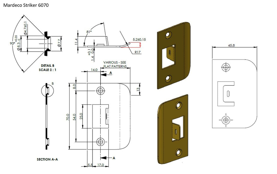 6070 Tubular Latch 57mm Heavy Duty SS with D Strike - Mardeco Architectural Hardware