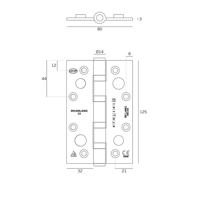 IN.05.020.S.CF 316 Security butt hinge with 4 ball bearings