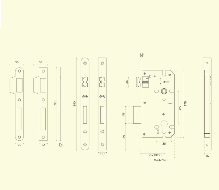 IN.20.792.60 Mortice lock for european cylinder (60 - 85mm)